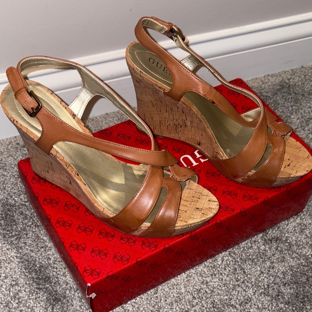 Guess Tan Leather Wedge Sandals